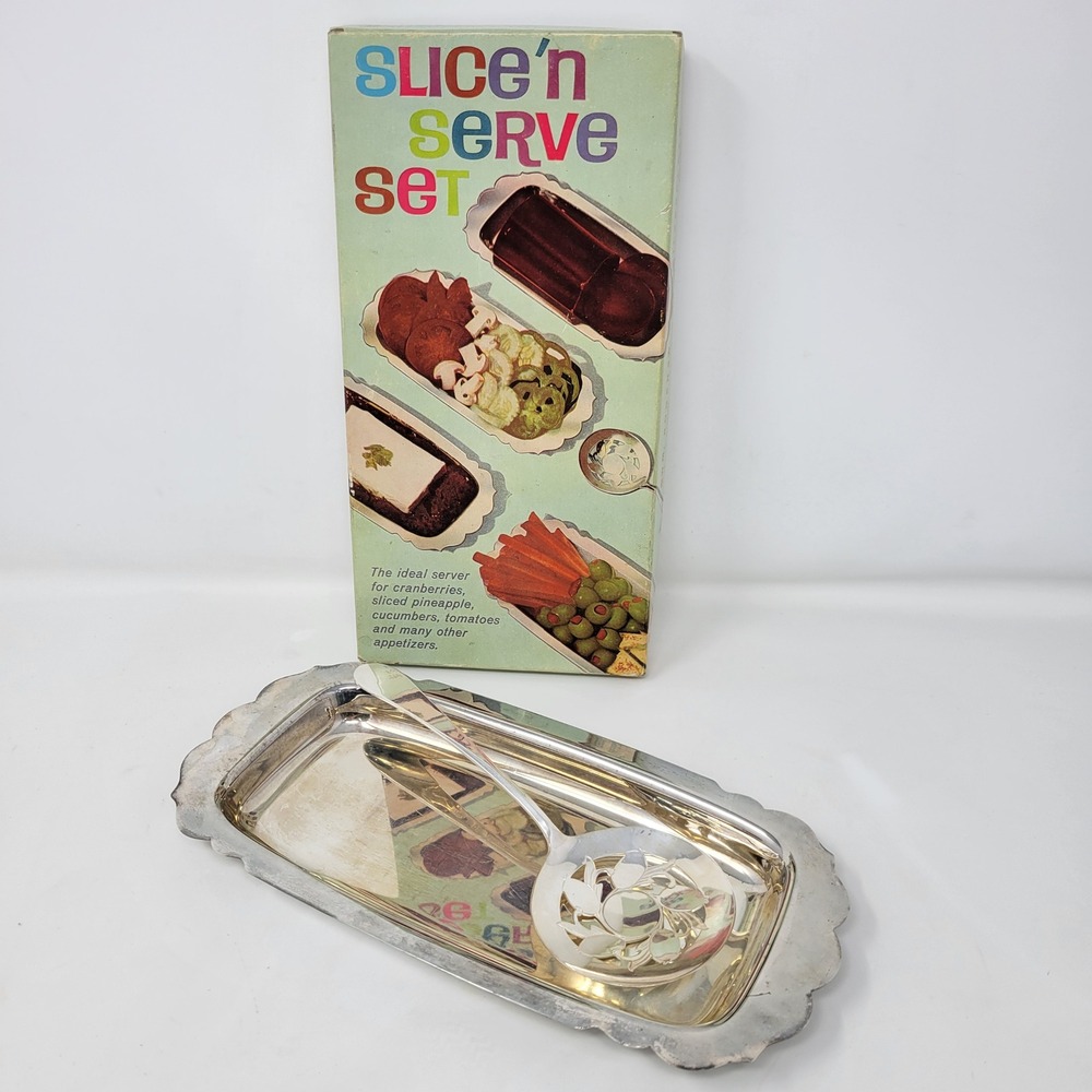 Vintage WM Rogers Silverplate‎ Slice n Serve Set Tray Pierced Spoon Original Box